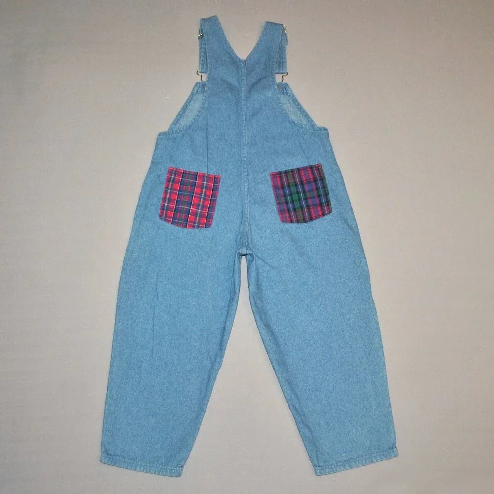 Vintage OshKosh B'gosh Girls Overalls Size 4 Blue Denim w/ Patchwork Plaid